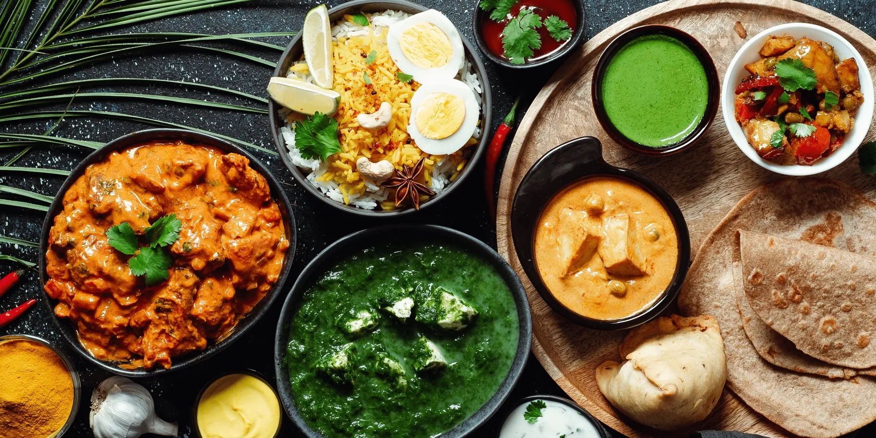 Indische Gerichte, Currys und Brot auf dem Tisch